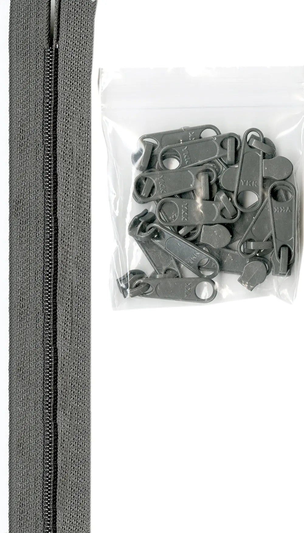 4 yards of 16mm #4.5 zipper chain and 16 Extra-Large Coordinated Pulls Pewter