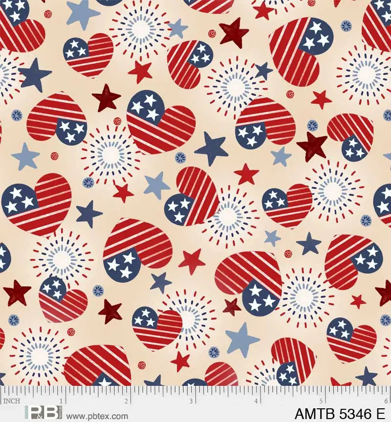 Cream Patriotic Hearts America The Beautiful 44"/45" Fabric Per Yard