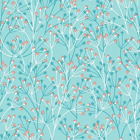 Aqua Dahlias at Dusk Floral Sprigs Cotton 44"/45" Fabric Per Yard