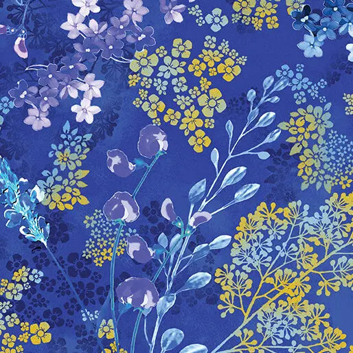 Blue Cobalt Metallic Sprigs Cotton 44"/45" Fabric Per Yard