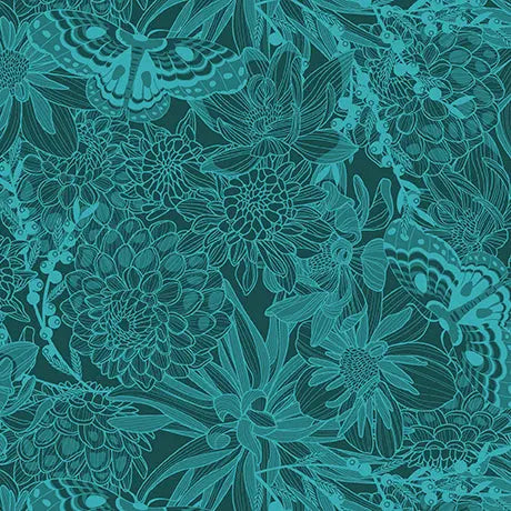 Dark Teal Dahlias at Dusk Tonal Floral & Butterflies Cotton 44"/45" Fabric Per Yard