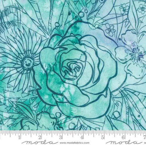 Coming Up Roses Florals Watercolor Aqua Robins Egg 44"/45" Fabric Per Yard