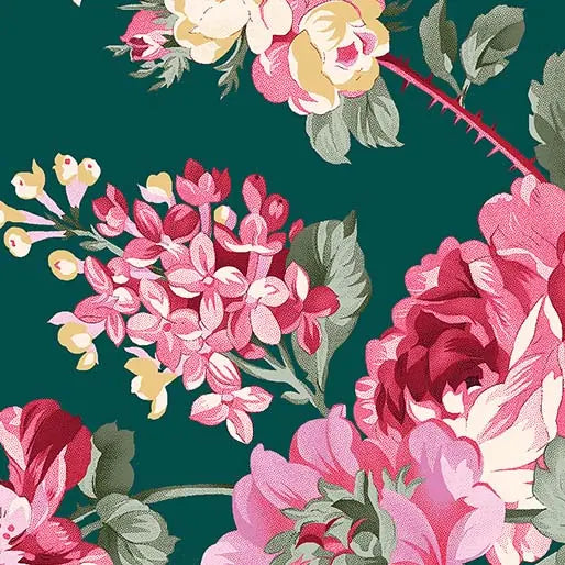 Green Peacock Rose Garden Cotton Wideback Fabric per yard