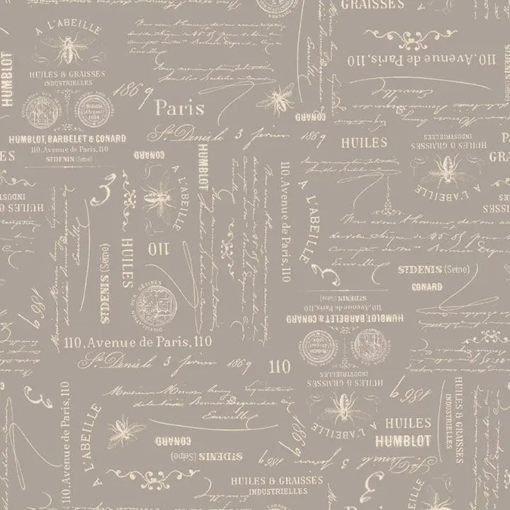 Grey Charcoal Bee Script Cotton Wideback Fabric per yard