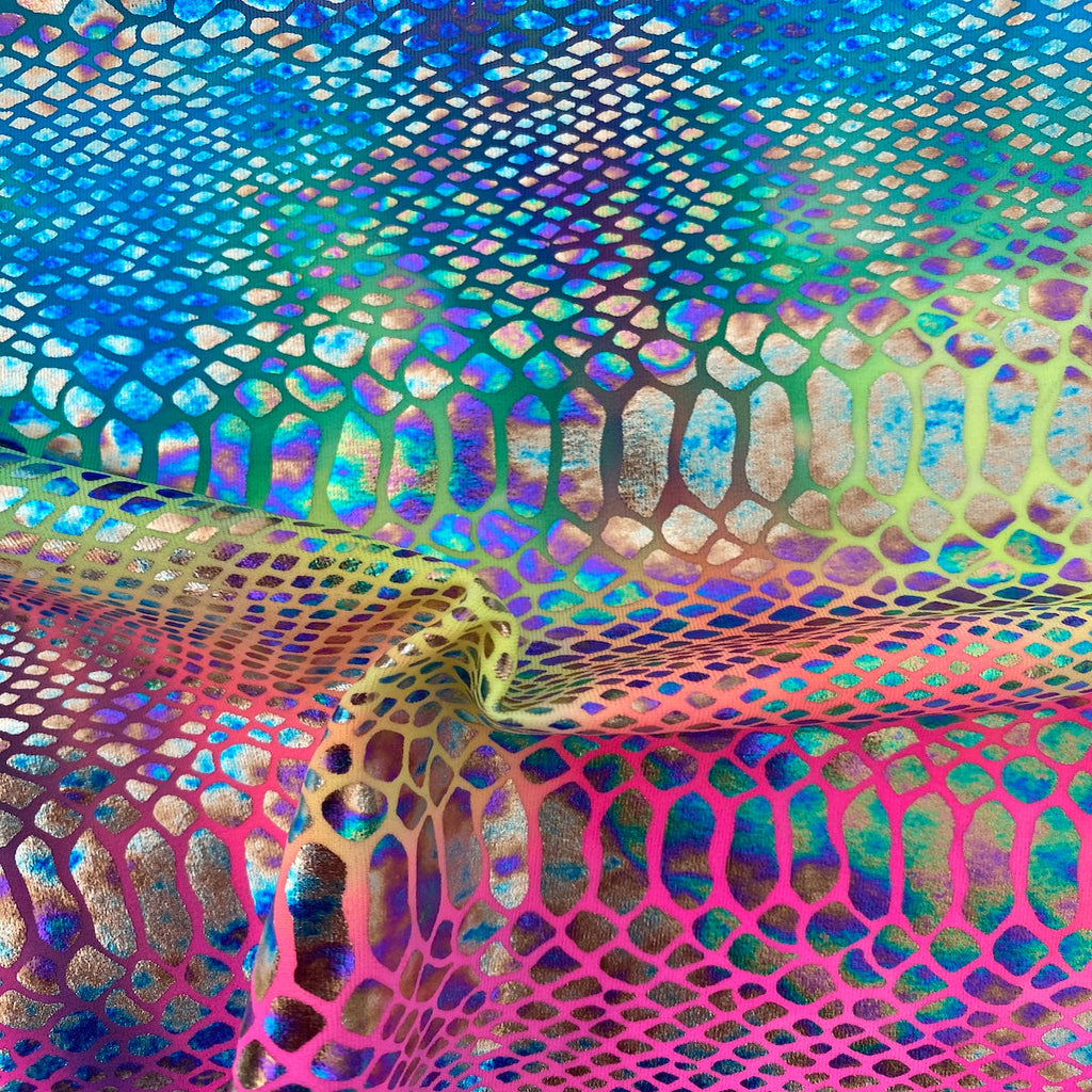 Holographic Tie Dye Taipan Snake Skin Nylon Spandex Fabric