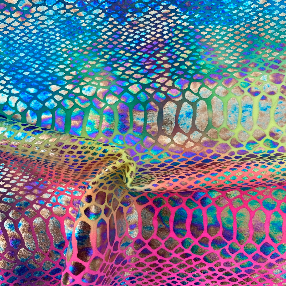 Holographic Tie Dye Taipan Snake Skin Nylon Spandex Fabric