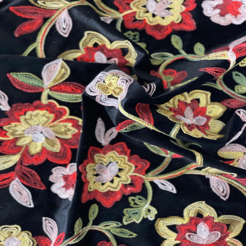 Briony Multicolor Floral Embroidered Stretch Velvet Fabric