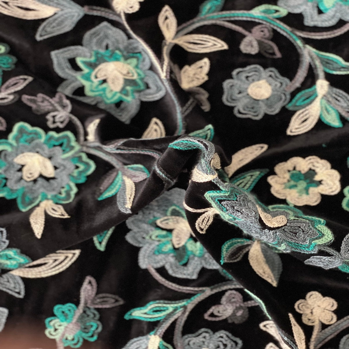 Briony Multicolor Floral Embroidered Stretch Velvet Fabric