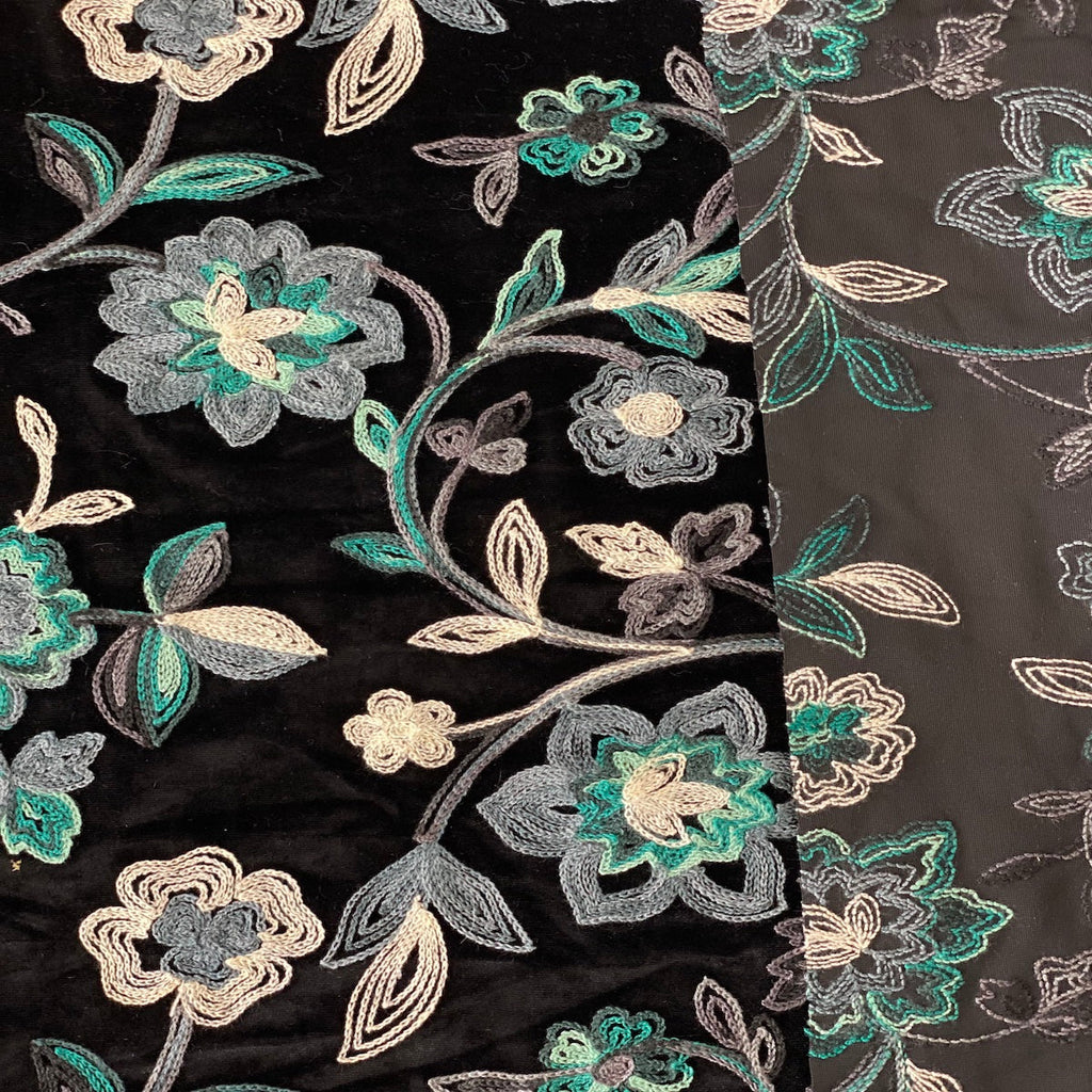 Briony Multicolor Floral Embroidered Stretch Velvet Fabric
