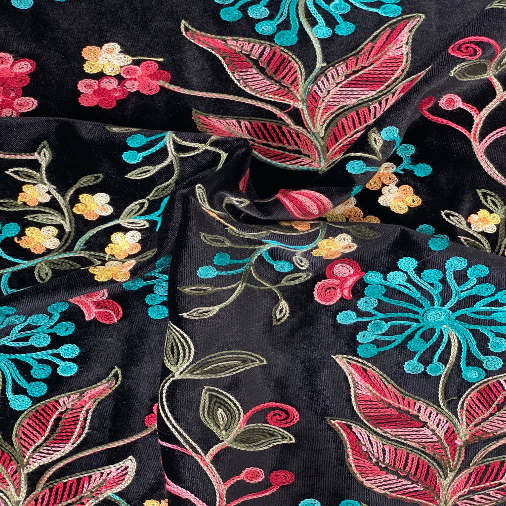 Briony Multicolor Floral Embroidered Stretch Velvet Fabric