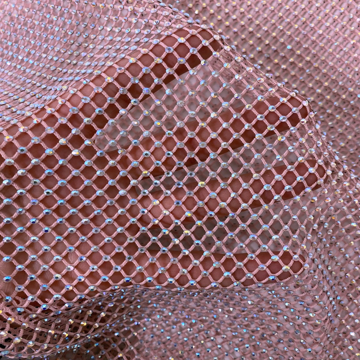 Serene Iridescent Rhinestone Fishnet Lace Fabric