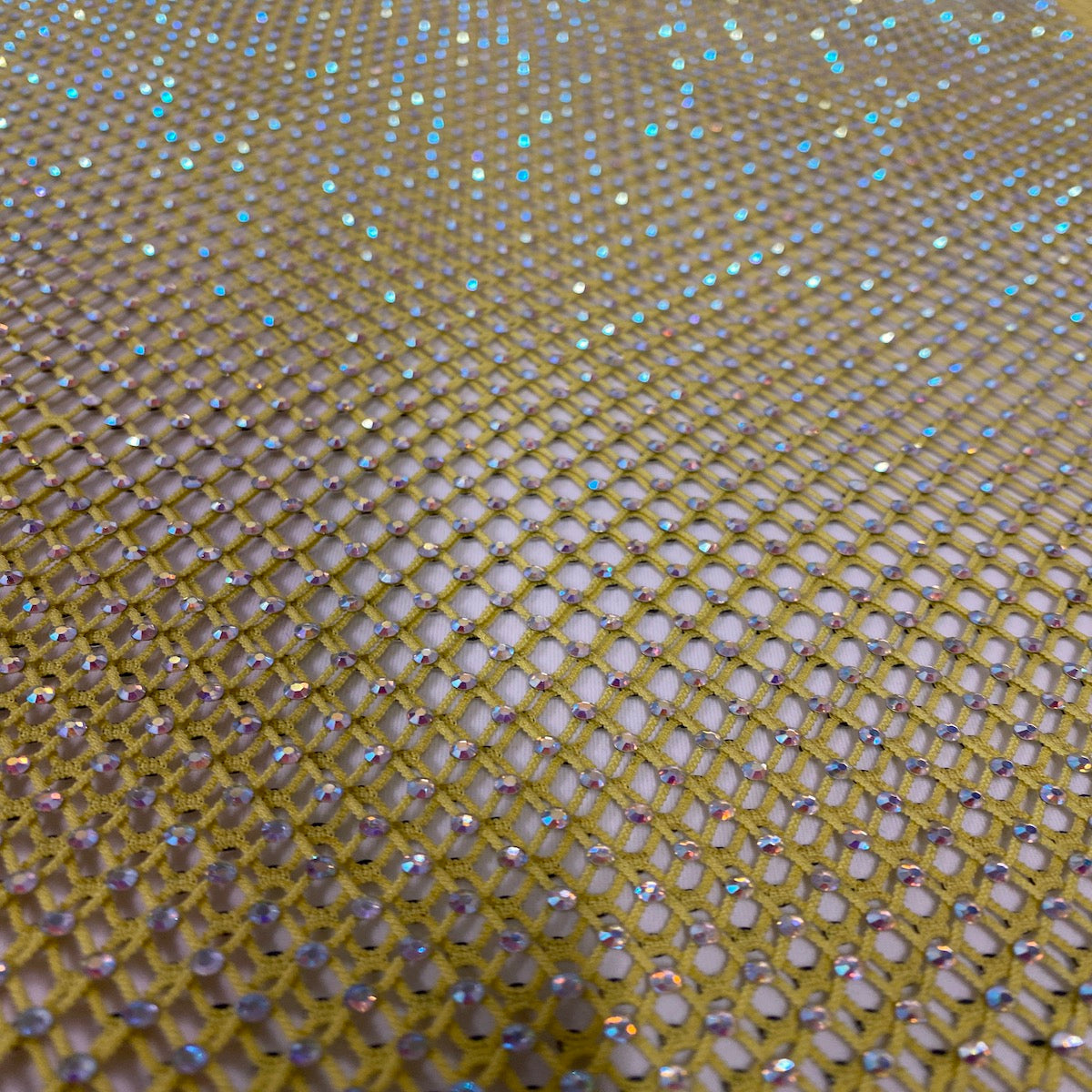 Serene Iridescent Rhinestone Fishnet Lace Fabric