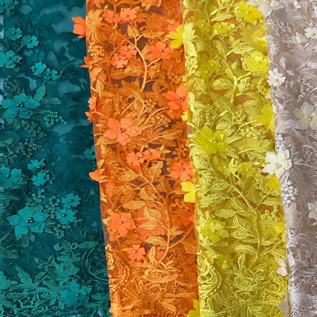 3D Embroidered Satin Floral Pearl Lace Fabric