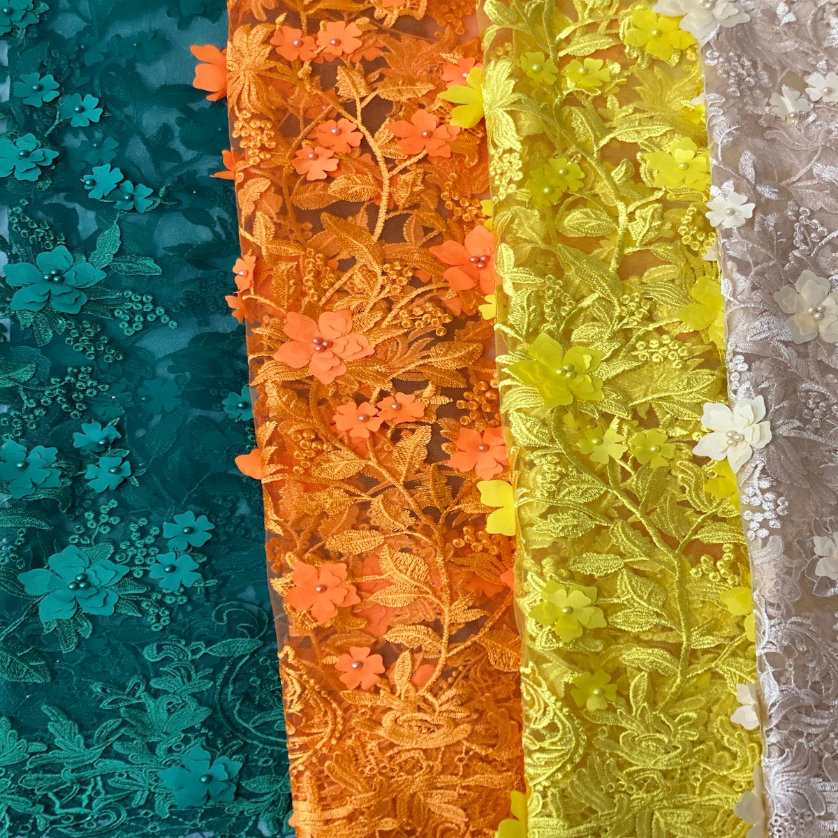 3D Embroidered Satin Floral Pearl Lace Fabric