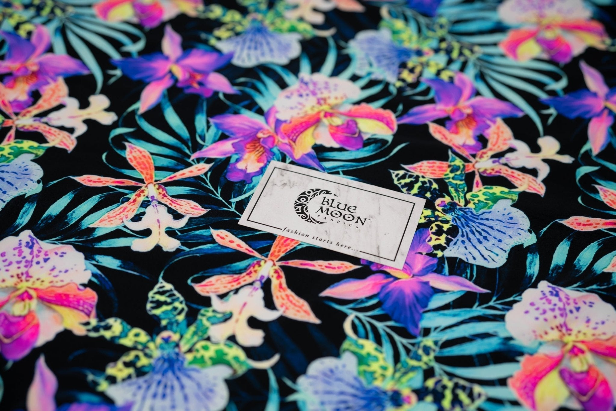 Irises and Palm Fronds Printed Spandex Fabric | CDW