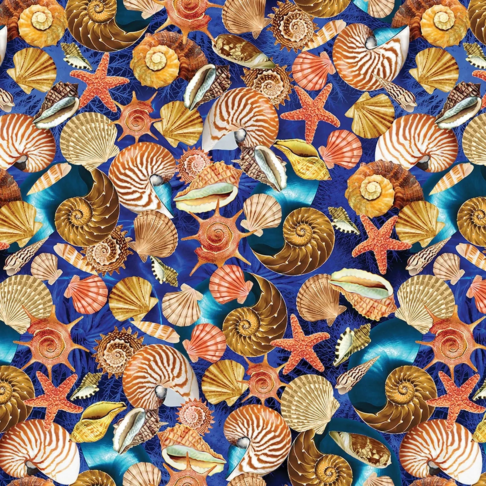 Blue Shells Cotton Wideback Fabric per yard