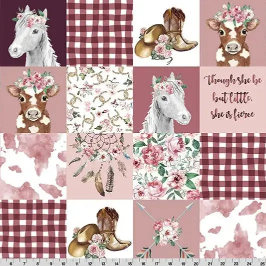 Multi Cowgirl Digital Cuddle Rosewater Fabric per yard