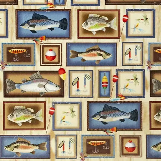 Multi Tan Gone Fishing Digital Cuddle Fabric per yard