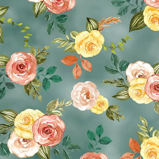 Multi Teal Gone Country Floral Cotton 44"/45" Fabric Per Yard