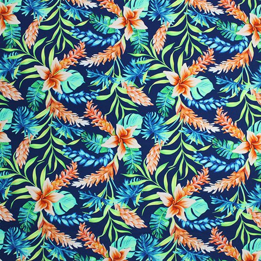 Tropical Leaves on Navy Printed Spandex | CDW