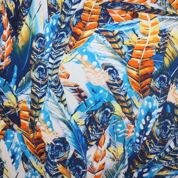 Blue Feathers Printed Spandex Fabric | CDW