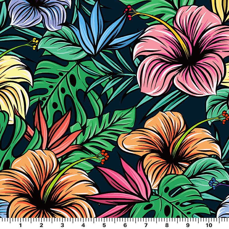 Illustrated Hibiscus and Monstera Printed Spandex Fabric | CDW