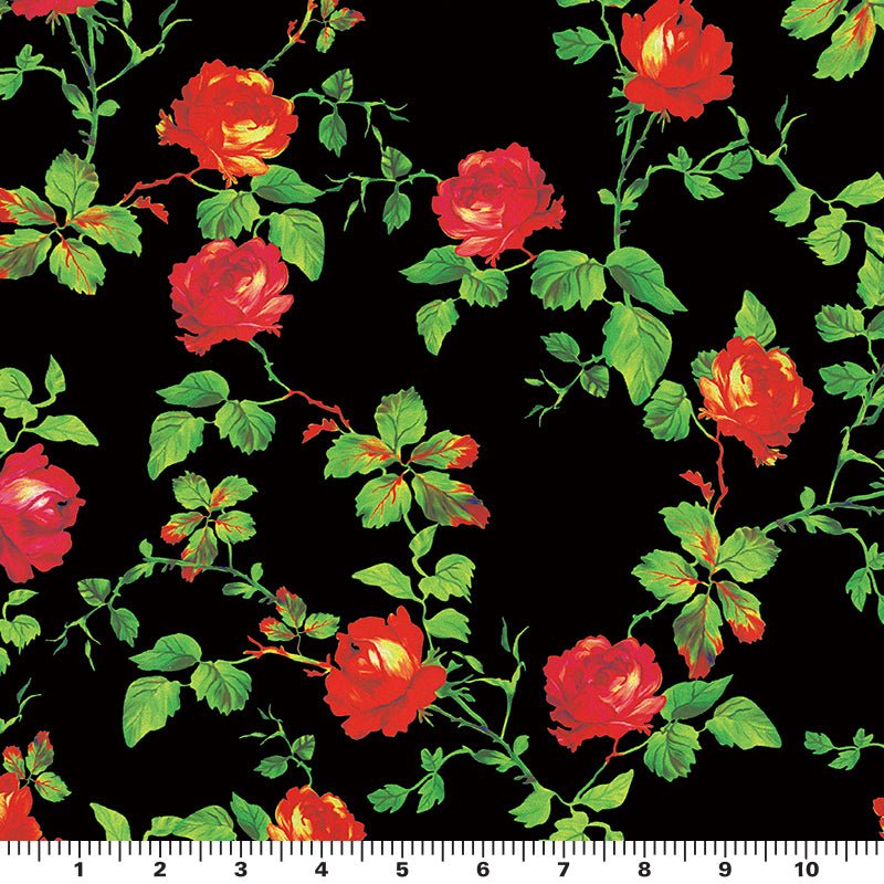 Red Rose Vine on Black Printed Spandex Fabric | CDW