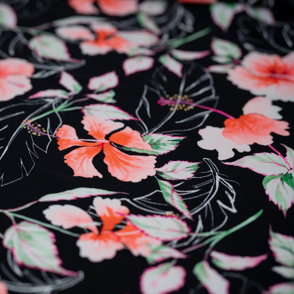 Hibiscus Flowers on Black Printed Spandex Fabric | CDW