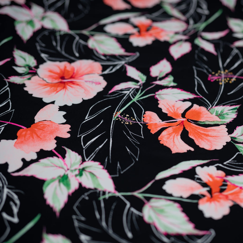 Hibiscus Flowers on Black Printed Spandex Fabric | CDW