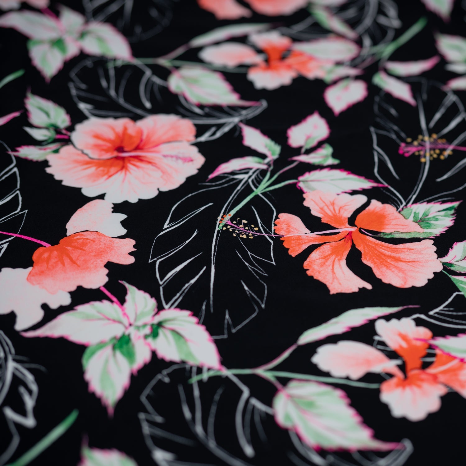 Hibiscus Flowers on Black Printed Spandex Fabric | CDW