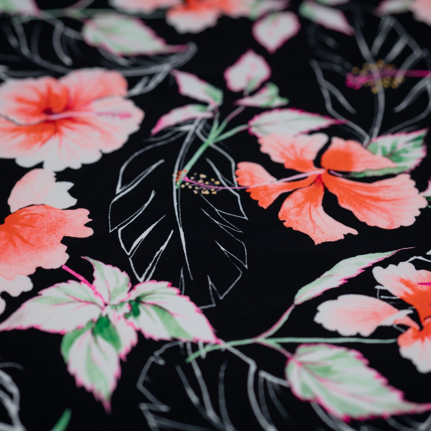 Hibiscus Flowers on Black Printed Spandex Fabric | CDW