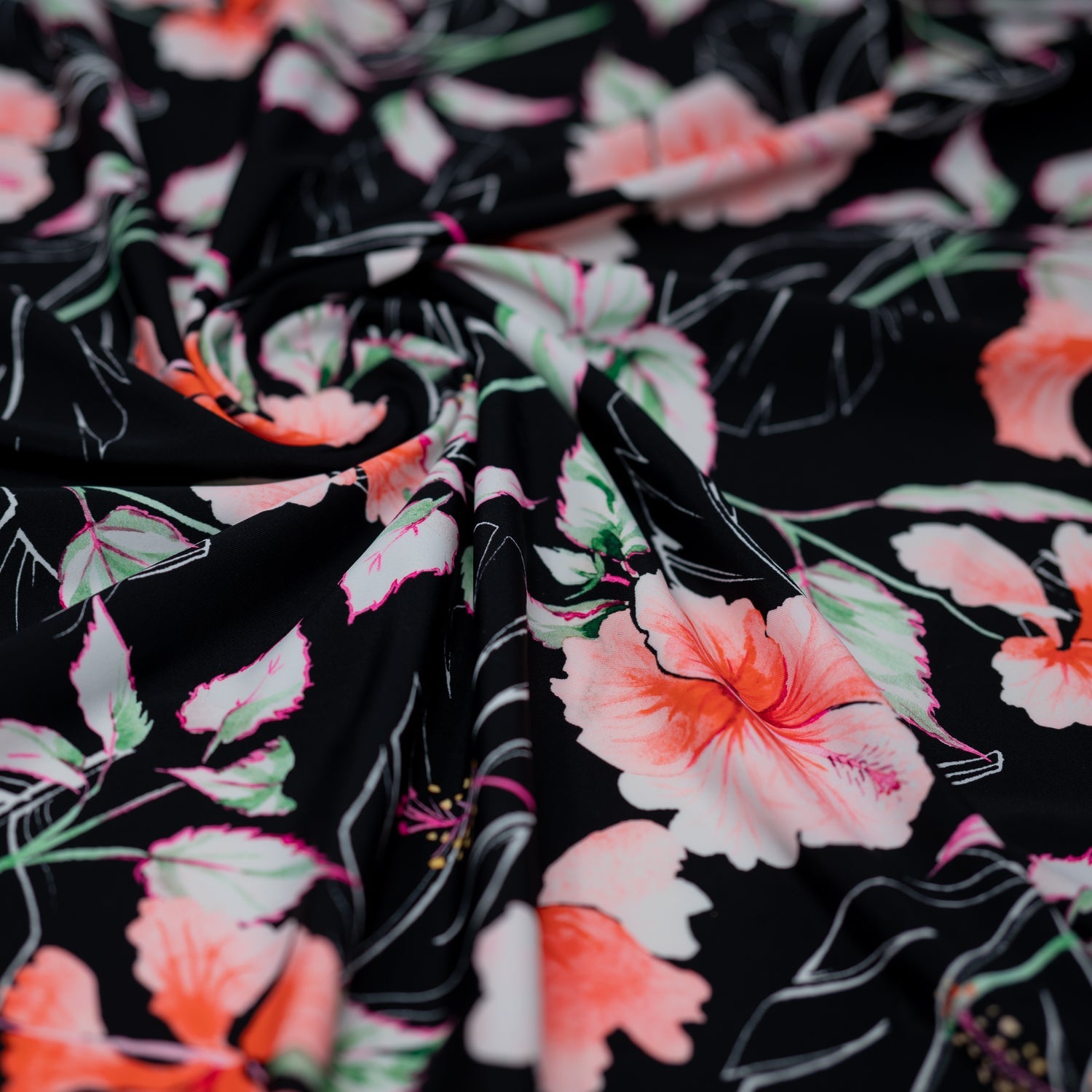 Hibiscus Flowers on Black Printed Spandex Fabric | CDW