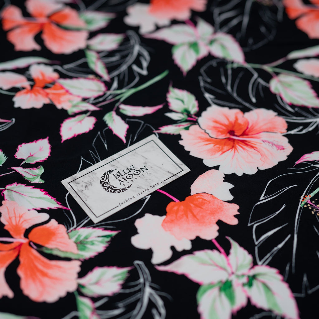 Hibiscus Flowers on Black Printed Spandex Fabric | CDW
