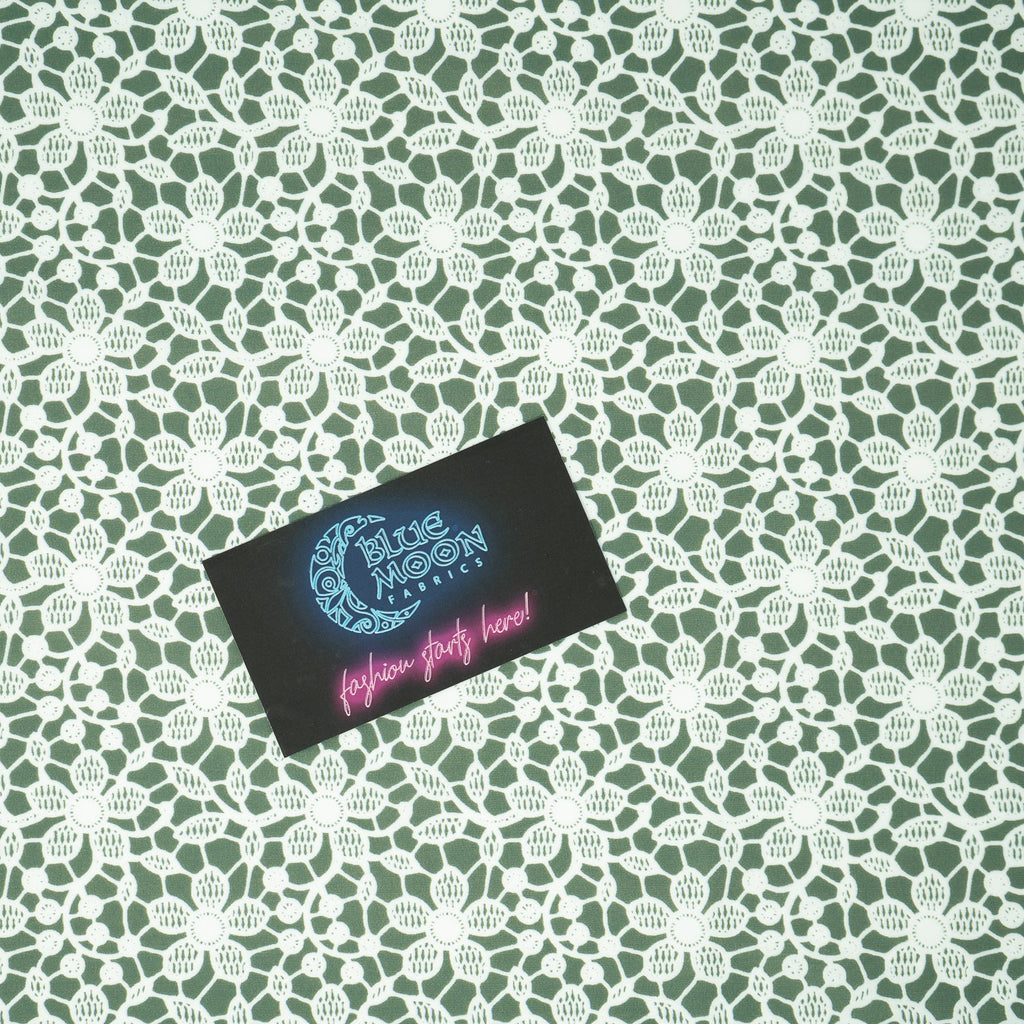 White Flower Lace Pattern on Sage Printed Spandex Fabric | CDW