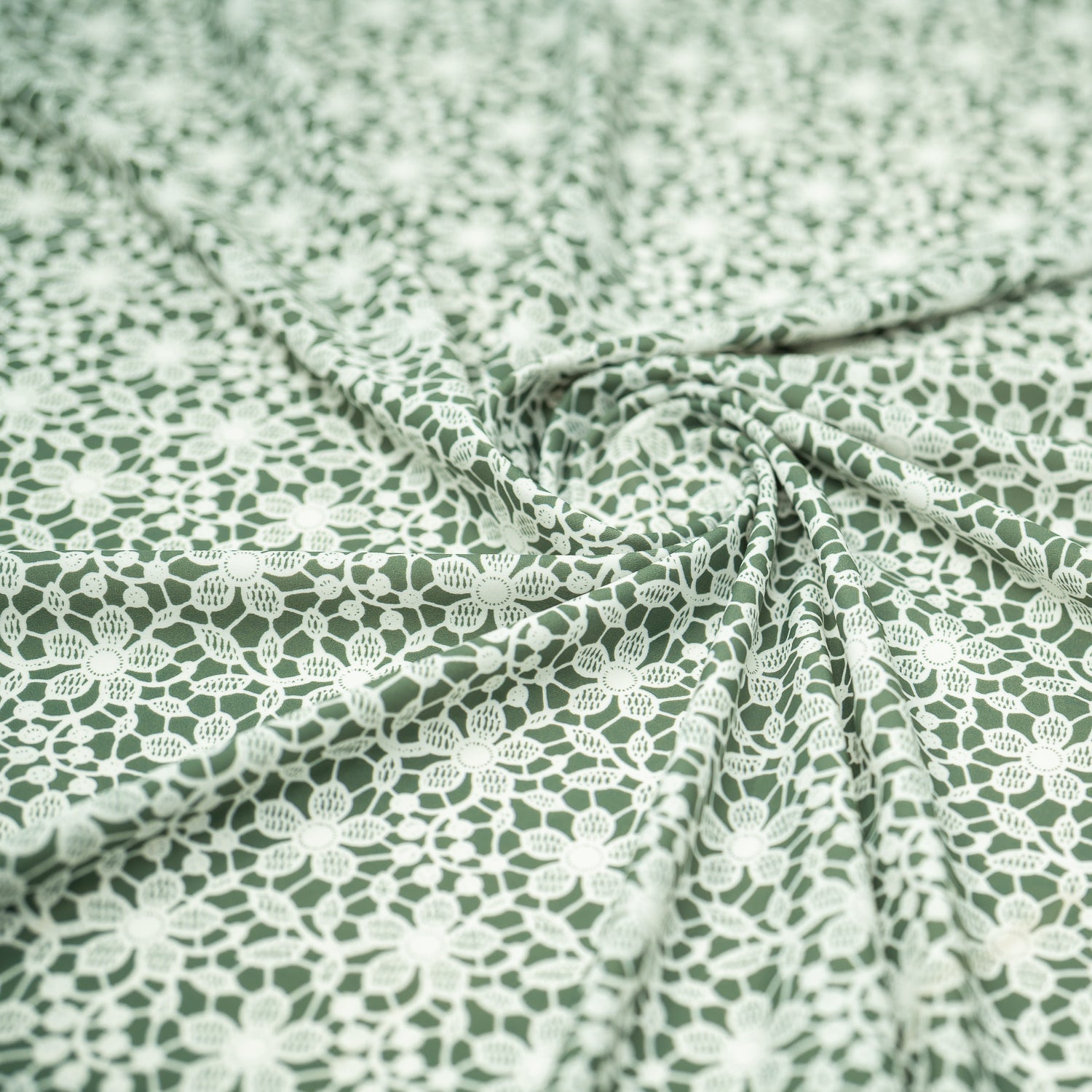 White Flower Lace Pattern on Sage Printed Spandex Fabric | CDW