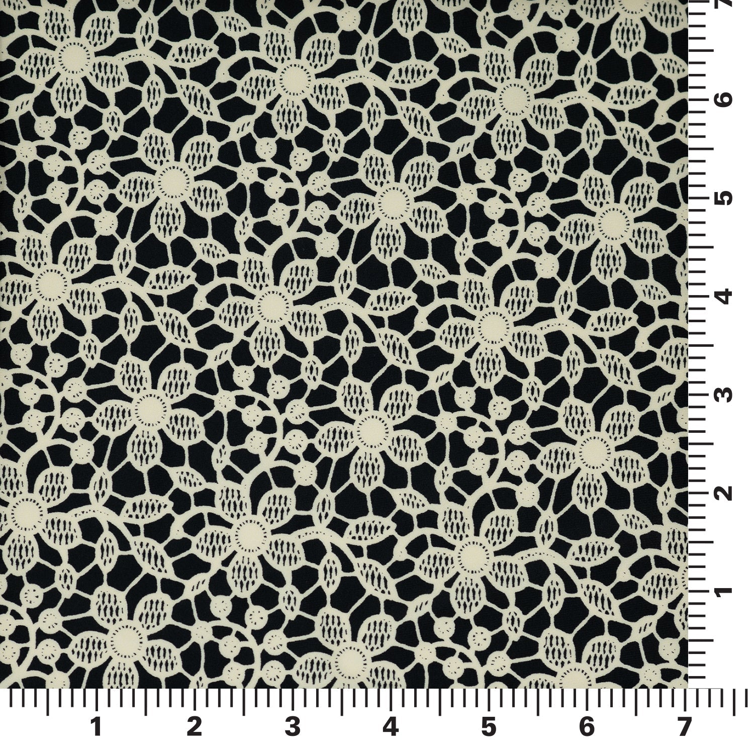white Flower Lace Pattern on Black Printed Spandex Fabric | CDW