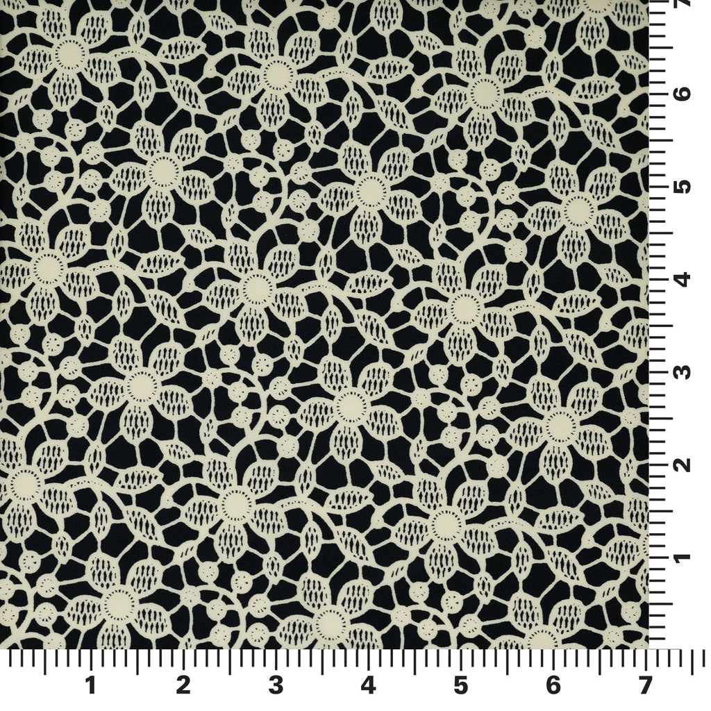 white Flower Lace Pattern on Black Printed Spandex Fabric | CDW