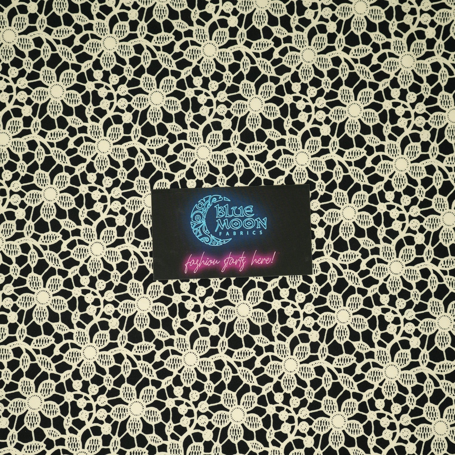 white Flower Lace Pattern on Black Printed Spandex Fabric | CDW