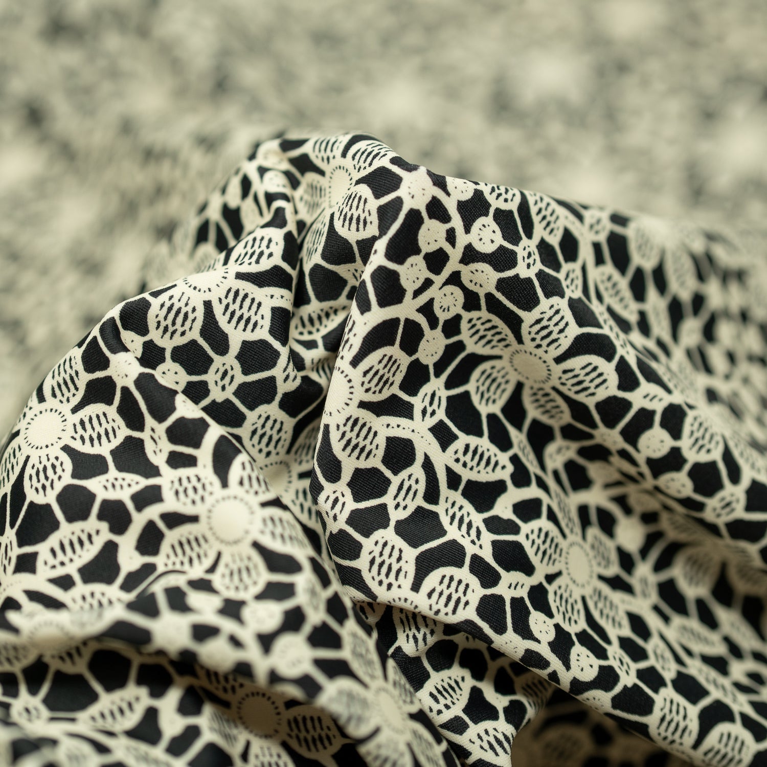 white Flower Lace Pattern on Black Printed Spandex Fabric | CDW