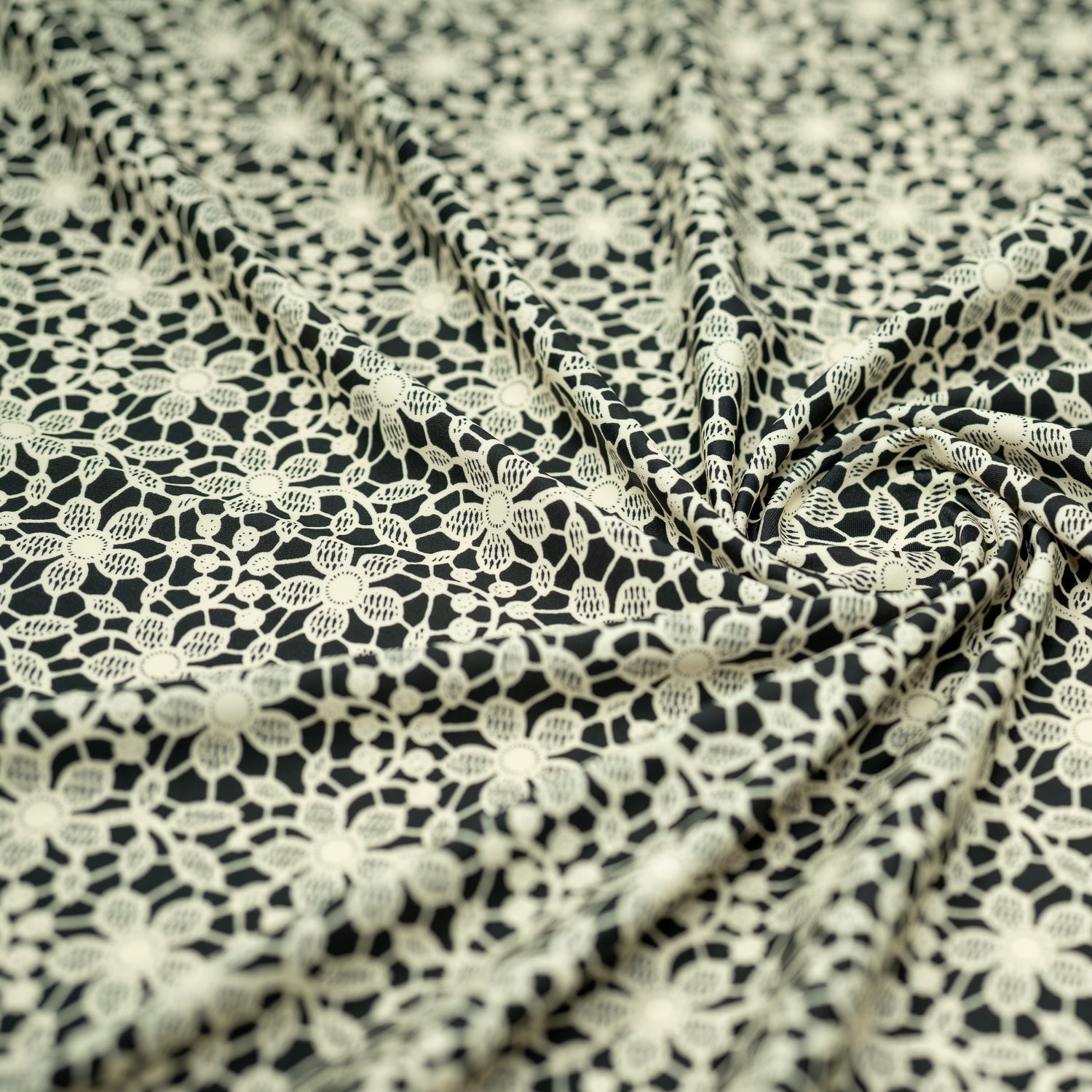 white Flower Lace Pattern on Black Printed Spandex Fabric | CDW