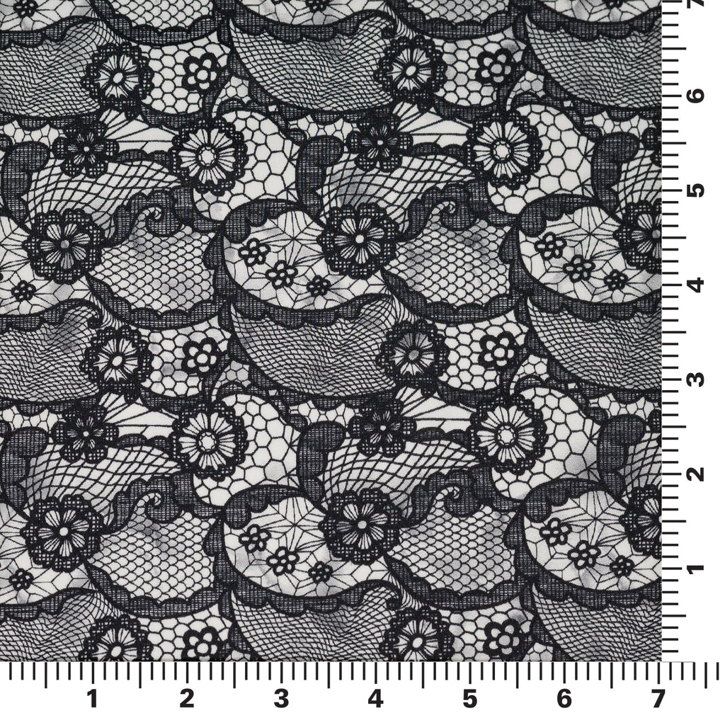 Black Paisley Lace Pattern on White Printed Spandex Fabric | CDW