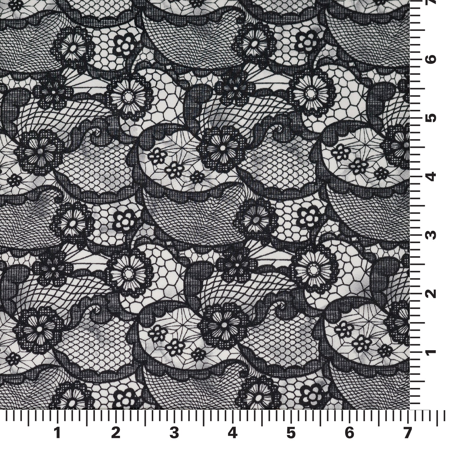 Black Paisley Lace Pattern on White Printed Spandex Fabric | CDW