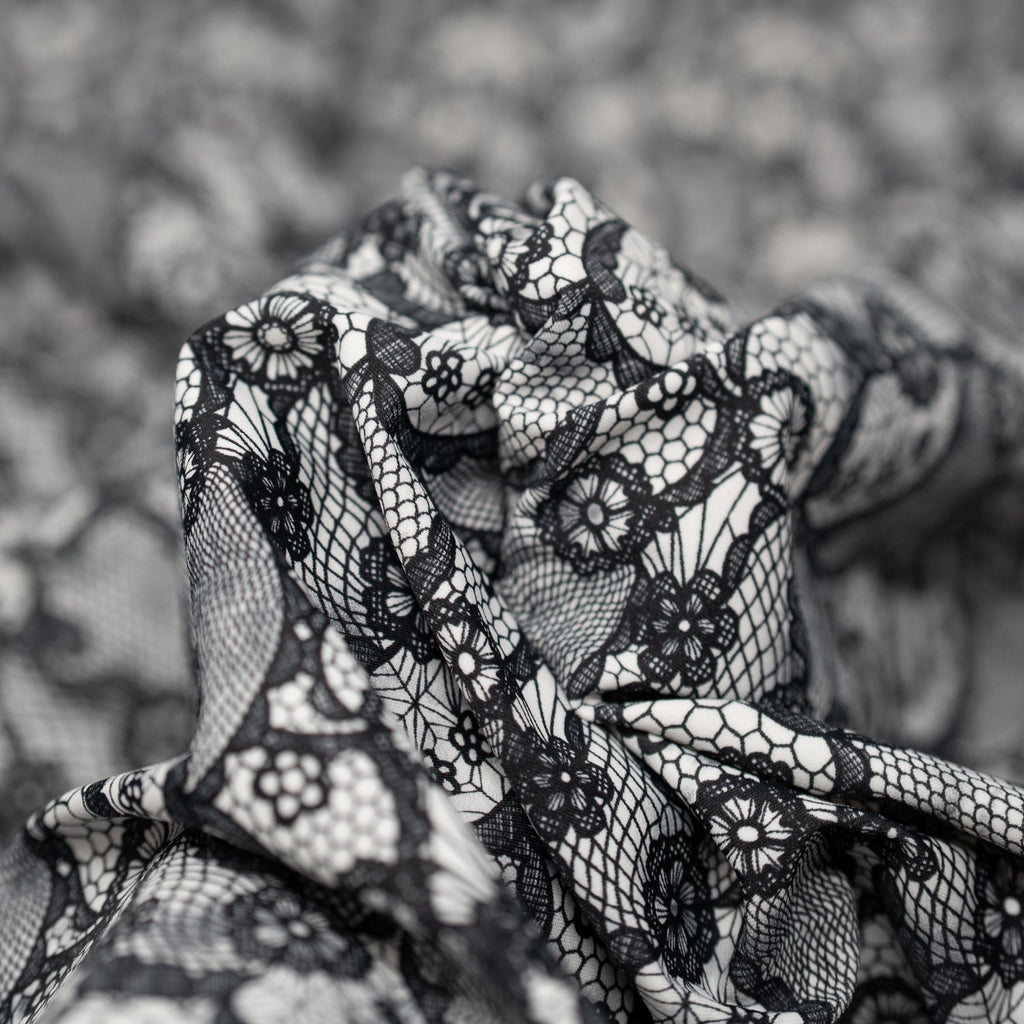 Black Paisley Lace Pattern on White Printed Spandex Fabric | CDW