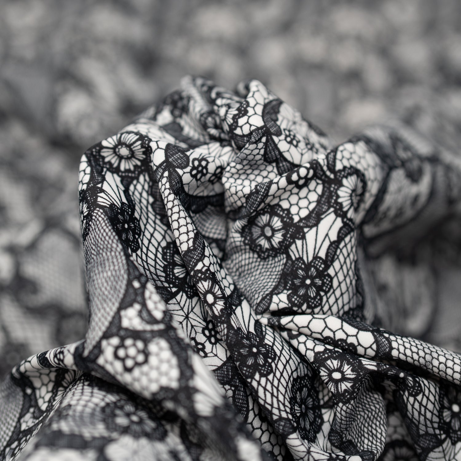 Black Paisley Lace Pattern on White Printed Spandex Fabric | CDW
