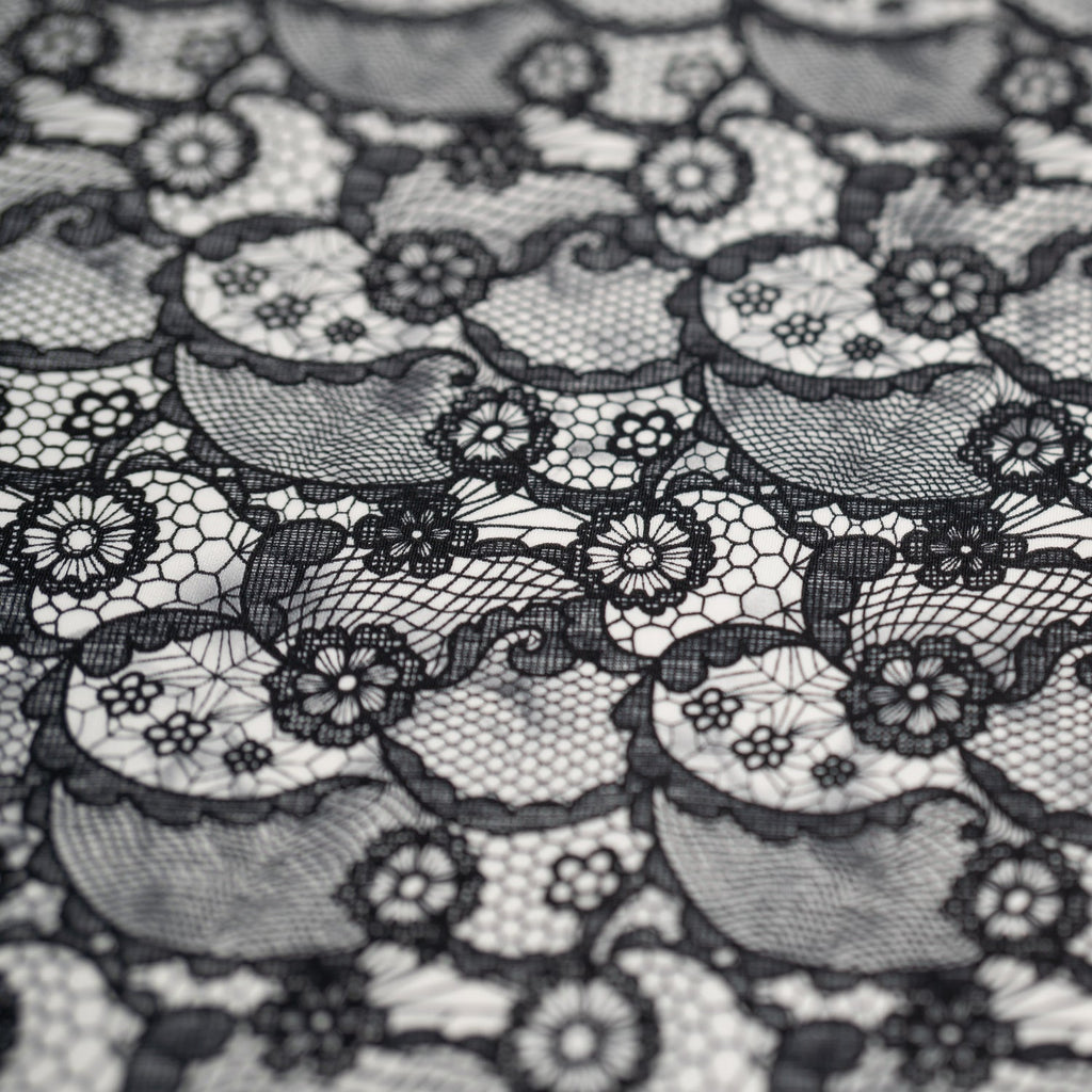 Black Paisley Lace Pattern on White Printed Spandex Fabric | CDW