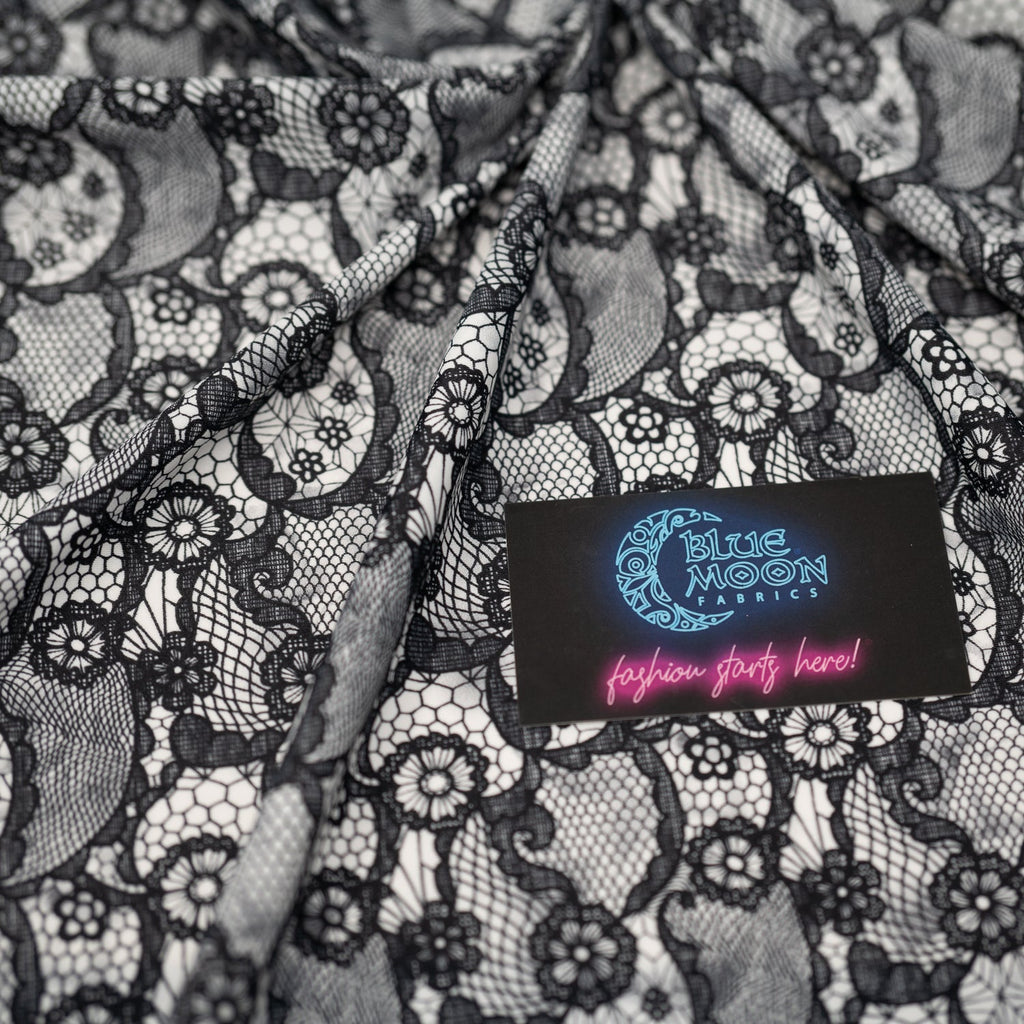 Black Paisley Lace Pattern on White Printed Spandex Fabric | CDW
