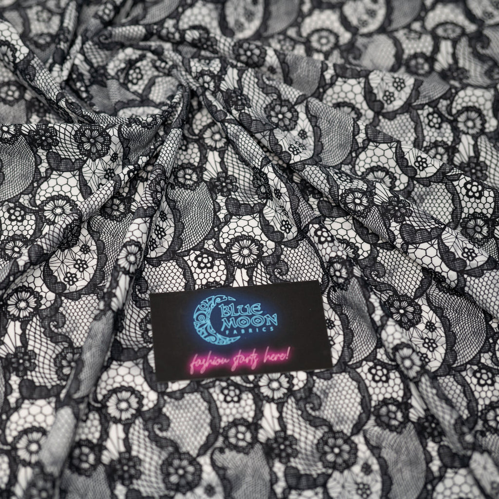 Black Paisley Lace Pattern on White Printed Spandex Fabric | CDW