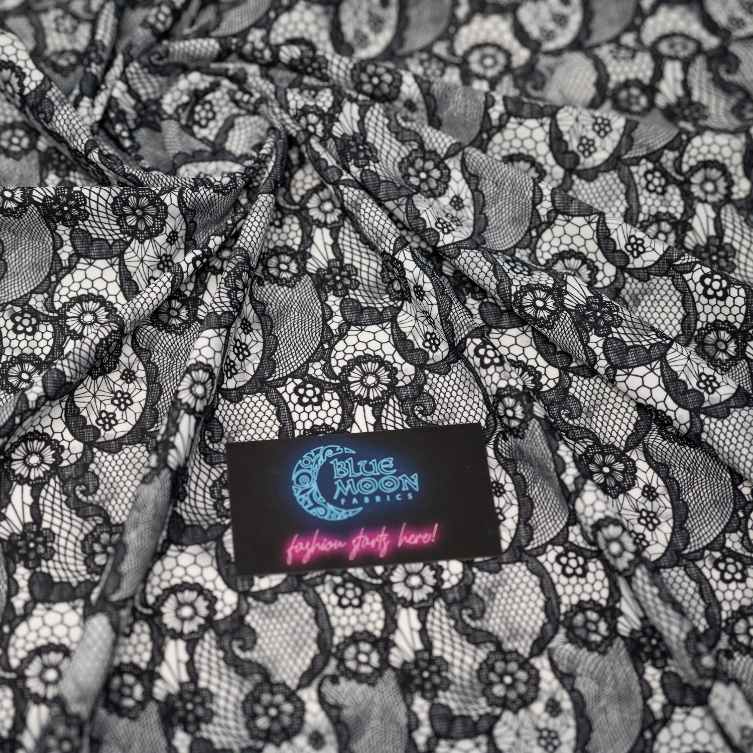 Black Paisley Lace Pattern on White Printed Spandex Fabric | CDW