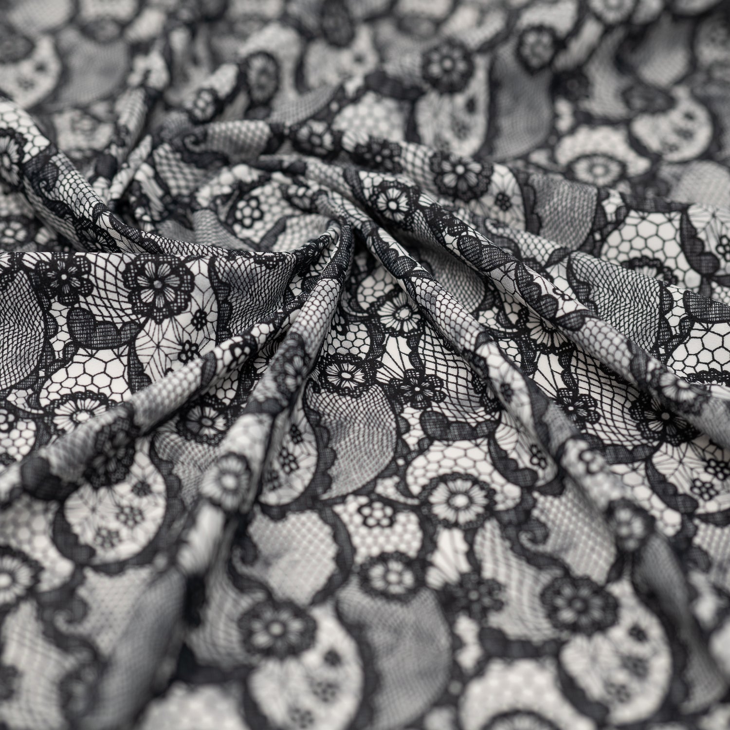 Black Paisley Lace Pattern on White Printed Spandex Fabric | CDW
