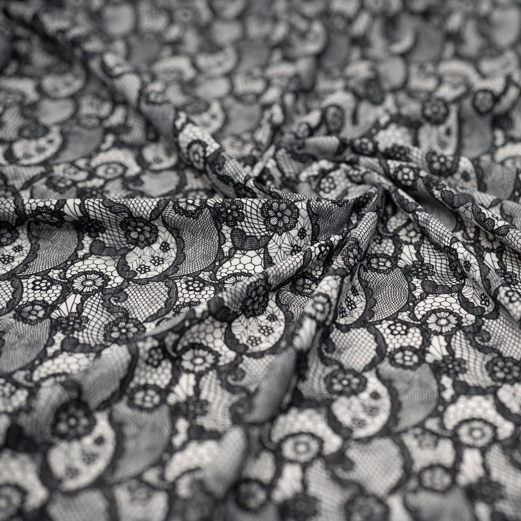 Black Paisley Lace Pattern on White Printed Spandex Fabric | CDW